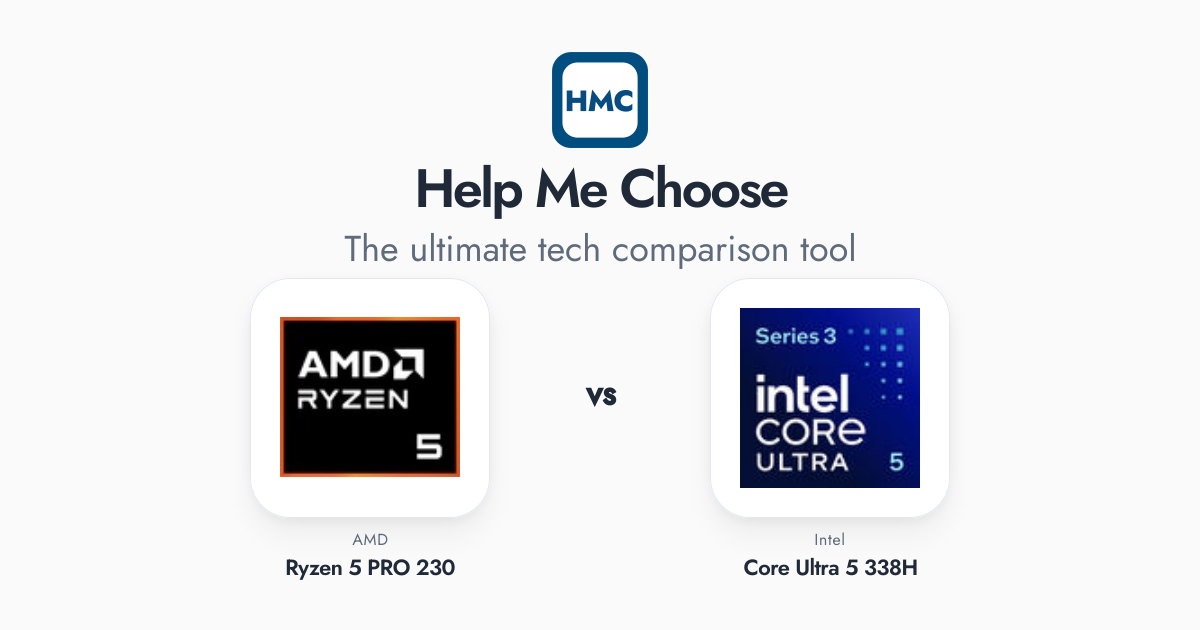 Pro230 AMD Ryzen 5 PRO 230 vs Intel Core Ultra 5 338H Full Specs - HMC