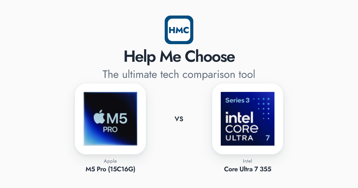 Intel Core Ultra 7 355 vs Apple M5 Pro (15C16G) Full Specs - HMC