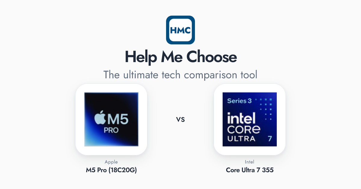 Intel Core Ultra 7 355 vs Apple M5 Pro (18C20G) Full Specs - HMC