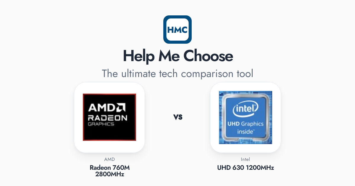 AMD Radeon 760M 2800MHz vs Intel UHD 630 1200MHz Full Specs - HMC